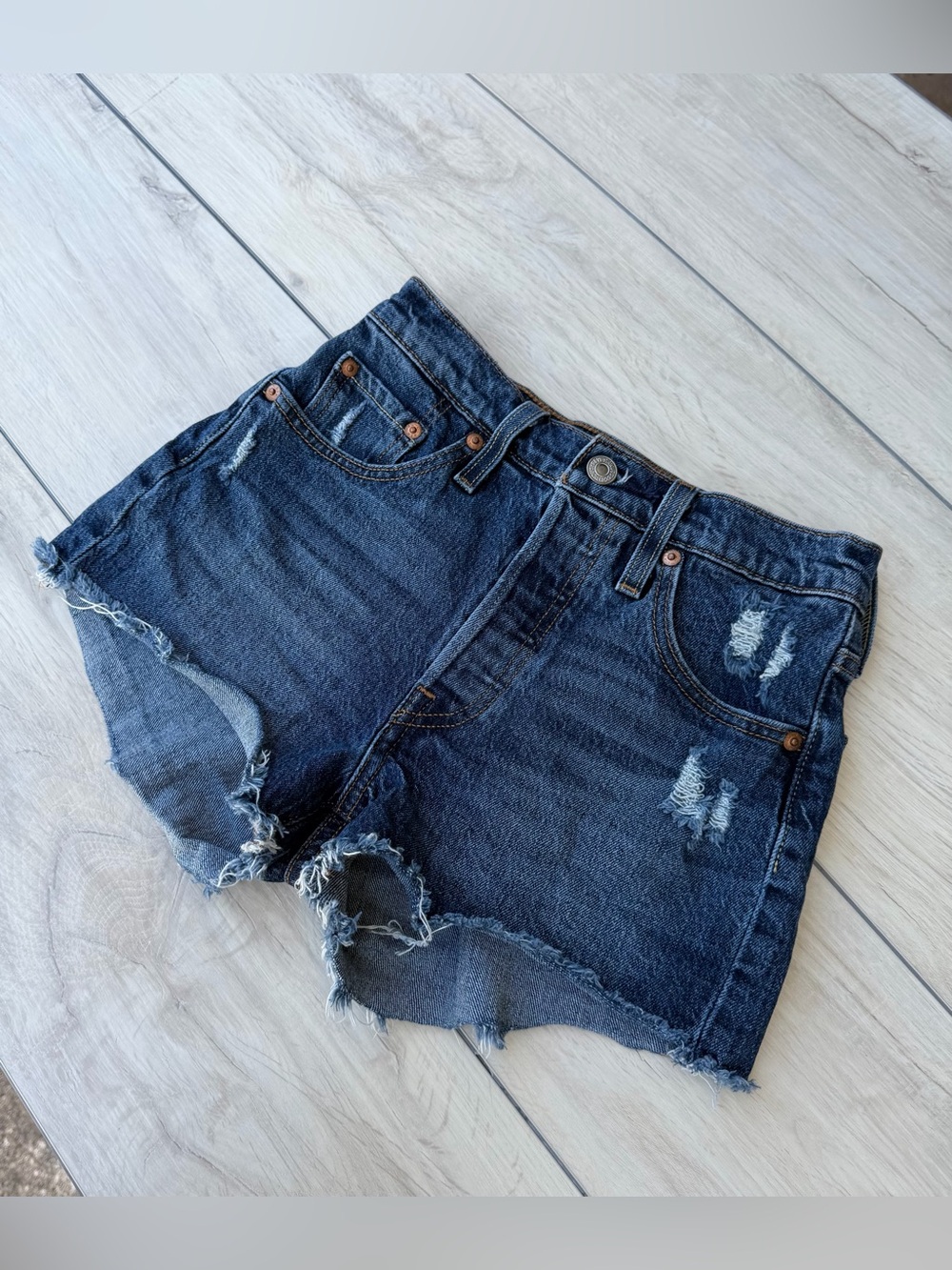 Levi's 501 Button Fly High Rise Dark Blue Distressed Denim Cutoff Shorts Y2K 24